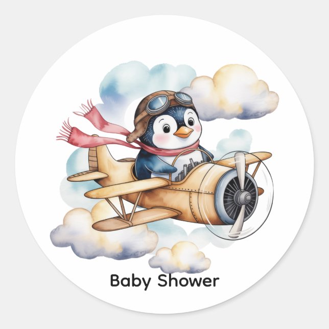 Vintage Airplane Penguin Boy Baby Shower Runder Aufkleber (Vorderseite)