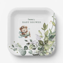 Vintage Airplane Teddy Bear Baby Shower Pappteller