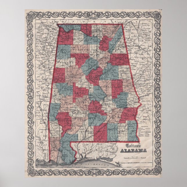 Vintage Alabama Landkreis Map (1859) Poster (Vorne)