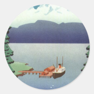 Vintage-Alaska-Reiseplakat Kunst, landschaftliche Runder Aufkleber