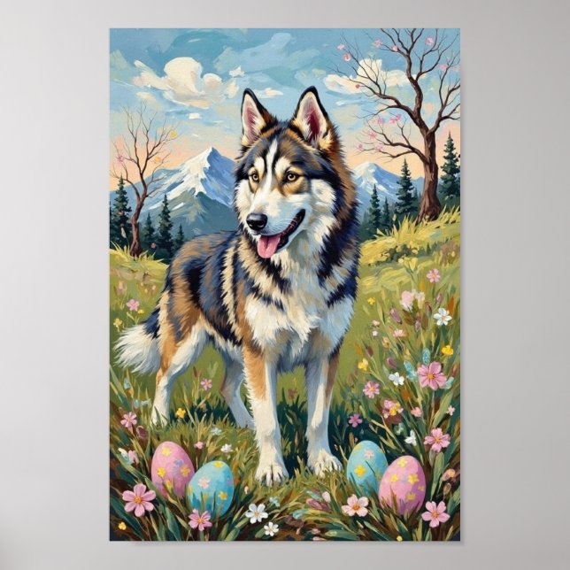 Vintage Alaskan Malamute Easter Spring Art Poster (Vorne)