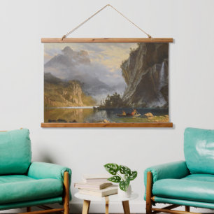 Vintage Albert Bierstadt Indians Spear Fishing Wandteppich Mit Holzrahmen