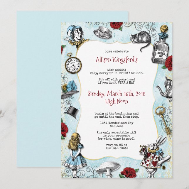 Vintage Alice im Wunderland Geburtstag Einladung (Vorne/Hinten)