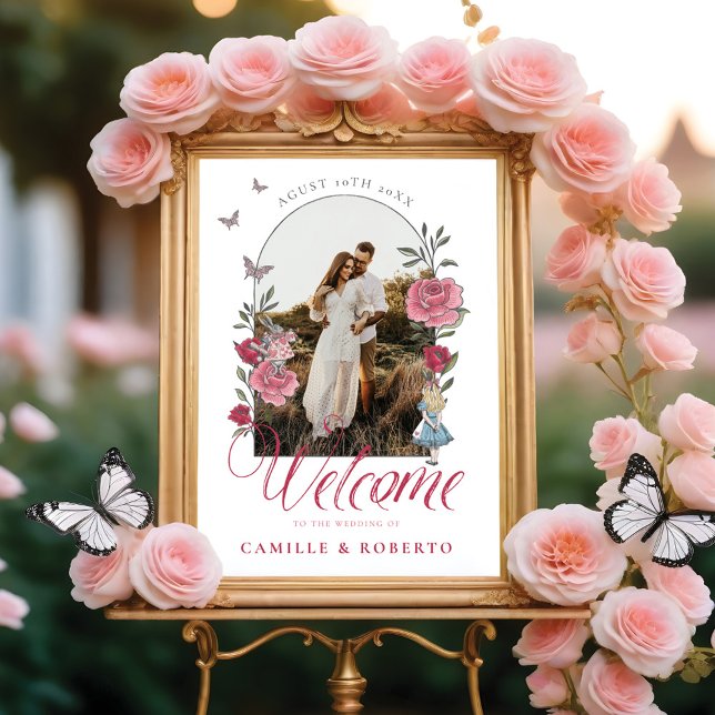 Vintage Alice im Wunderland Hochzeit Poster (Vintage Floral Alice In Wonderland Wedding Welcome Poster)