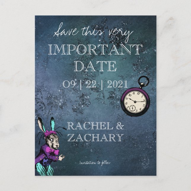 Vintage Alice im Wunderland Hochzeit speichern das Ankündigungspostkarte (Vorderseite)