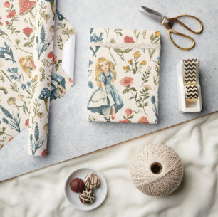 Vintage-Alice-im-Wunderland-Pilz-Blau-Rot Geschenkpapier