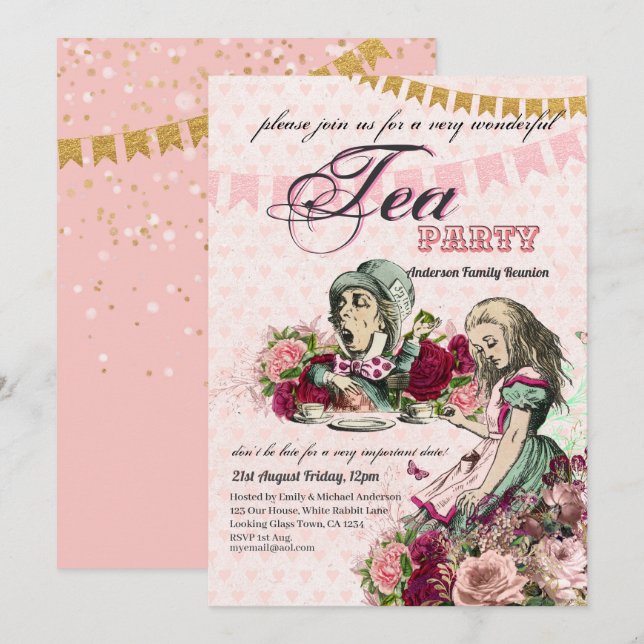 Vintage Alice im Wunderland Tee Party Benutzerdefi Einladung (Vorne/Hinten)
