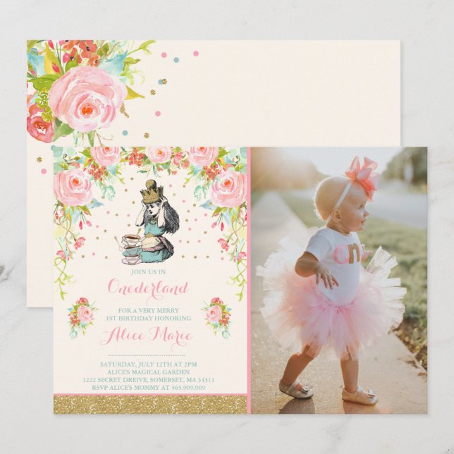 Vintage Alice in der ONEderland Einladung (Vorne/Hinten)