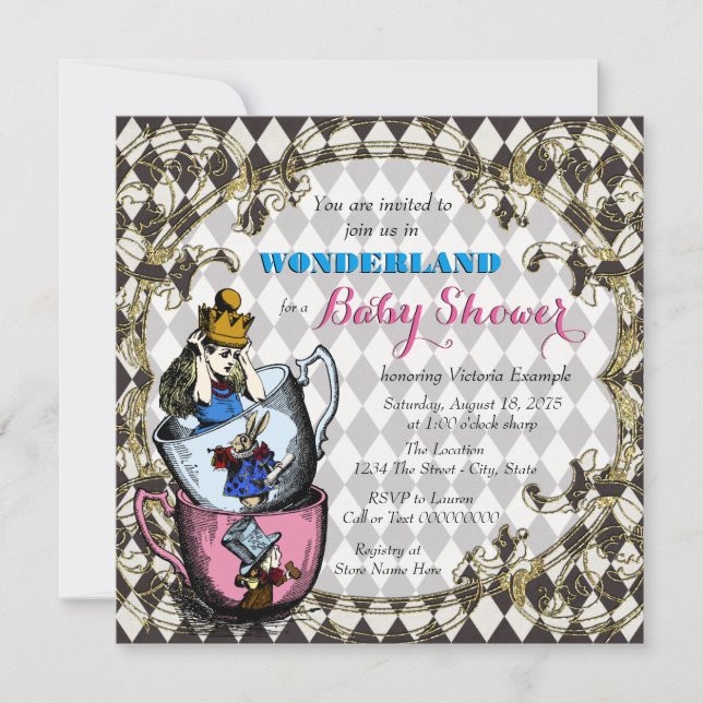 Vintage Alice Wonderland Babydusche Einladung (Vorderseite)
