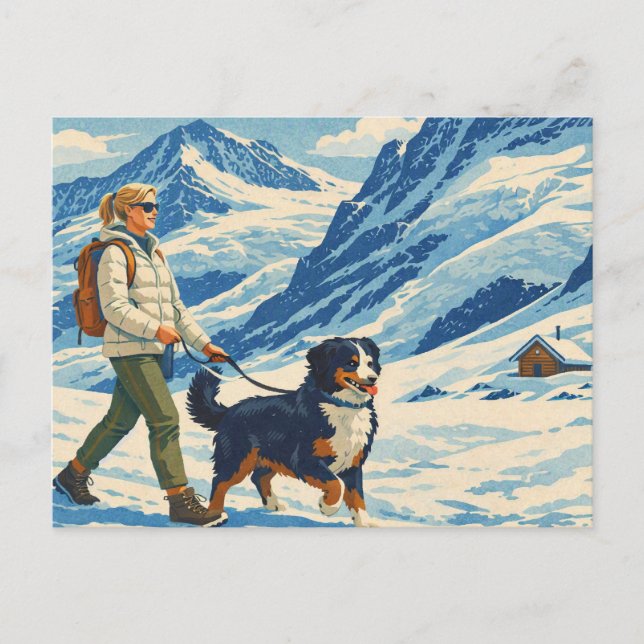 Vintage-Alpen-Wanderung mit Hund Postkarte (Vorderseite)