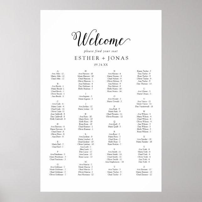 Vintage alphabetische Sitztabelle Poster (Vorne)