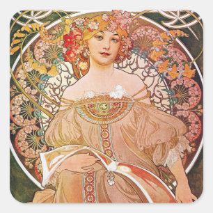 Vintage Alphonse Maria Mucha Kunst, Dichtung und M Quadratischer Aufkleber