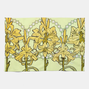 Vintage Alphonse Mucha Art Nouveau Lilien-Muster Geschirrtuch