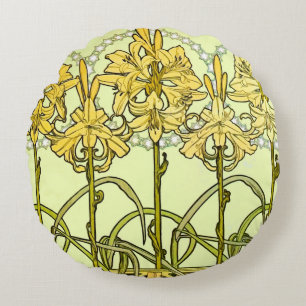 Vintage Alphonse Mucha Art Nouveau Lilien-Muster Rundes Kissen