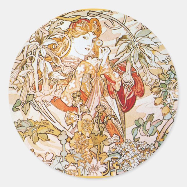 Vintage Alphonse-Mucha-Göttin Runder Aufkleber (Vorderseite)