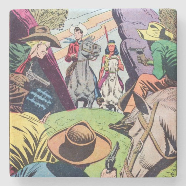 Vintage Alt-West-Comic-Buchszene Steinuntersetzer (Vorderseite)