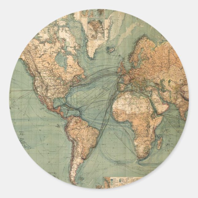 Vintage Alte Antike Weltkarte Runder Aufkleber (Vorderseite)
