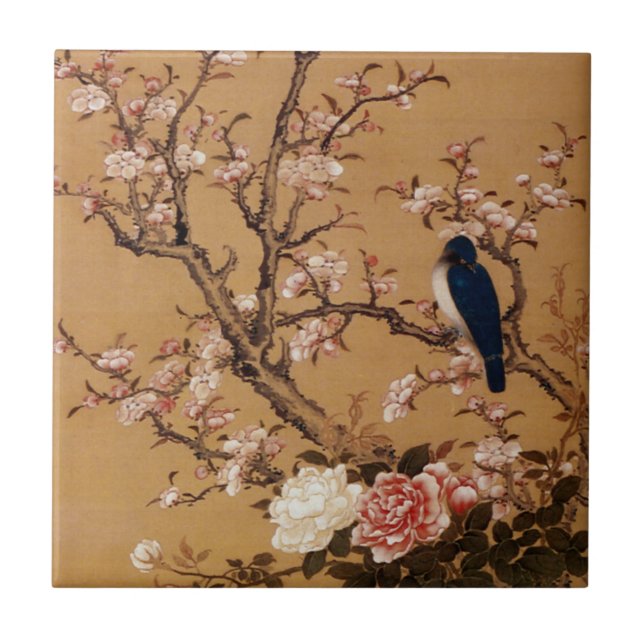 Vintage alte japanische Malerei eines Vogels auf Fliese (Vorderseite)