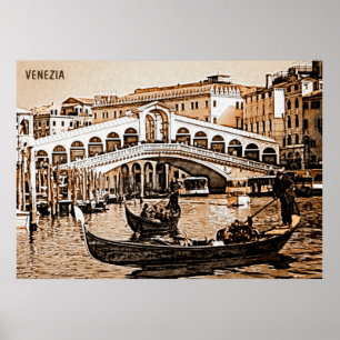 Vintage Alte Venedig Rialto Brücke Gondel Etching Poster
