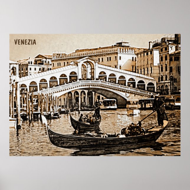 Vintage Alte Venedig Rialto Brücke Gondel Etching Poster (Vorne)