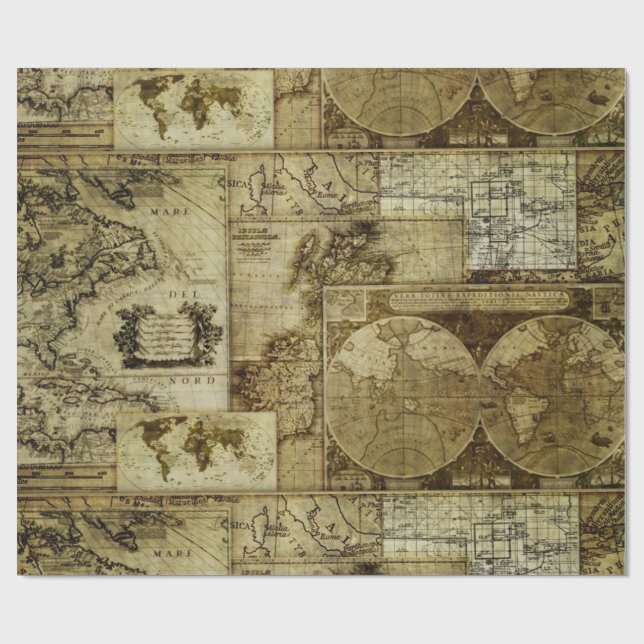 Vintage Alte Welt Karten Antike Karten Muster Geschenkpapier (Flach)