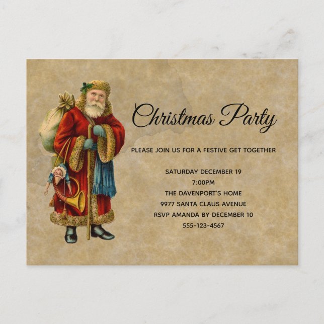 Vintage Alte Welt Weihnachten Weihnachtsmann Einladungspostkarte (Vorderseite)