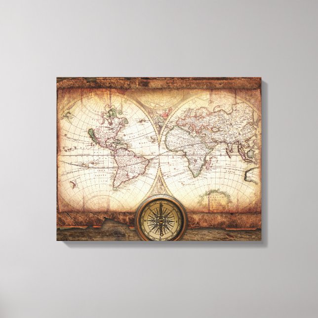 Vintage Alte Weltkarte und Compass-Rose Leinwanddruck (Vorderseite)