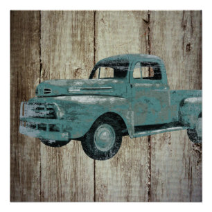 Vintage alter LKW auf Scheunenholz-Rustikal-Wandpo Poster