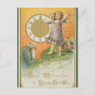 Vintage Alter Mann Junger Engel Mit Uhr Neujahr Postkarte