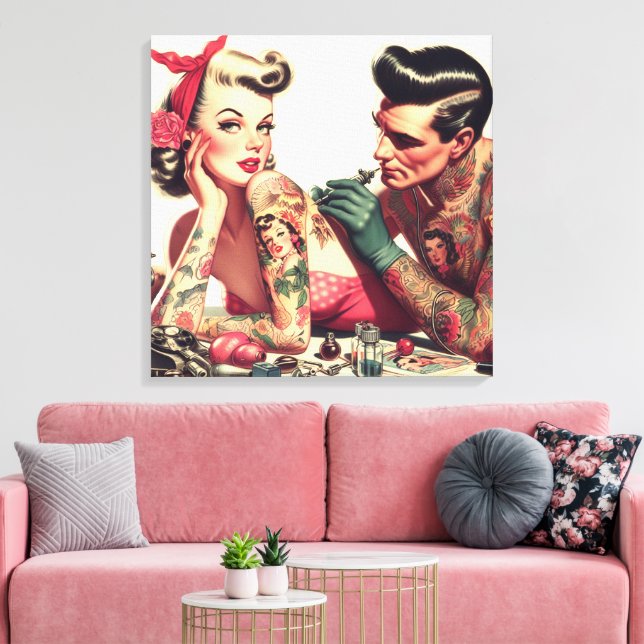 Vintage Altschule Tattoo Couple Illustration Leinwanddruck (Insitu (Wohnzimmer))