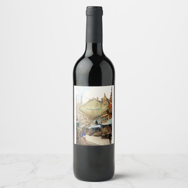 Vintage Altstadt Kunst Weinetikett (Vorderseite)