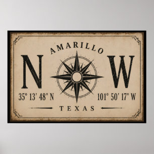 Vintage Amarillo Texas Koordinaten Kompass Poster