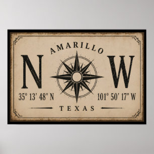 Vintage Amarillo Texas Koordinaten Kompass Poster