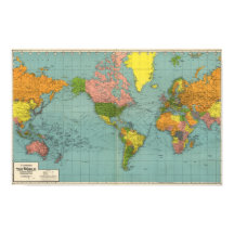 Vintage America Centric World Map Poster