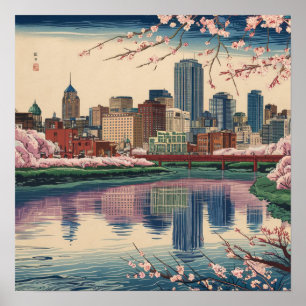 Vintage Amerika Boston Ma Stadt Skyline Ukiyo Stil Poster