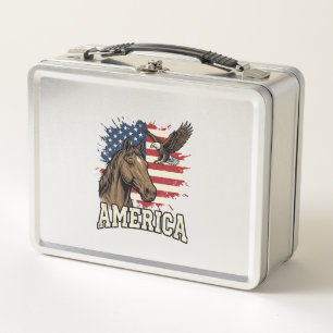 Vintage-Amerika-Pferd-Adler-patriotisches Vektor-D Metall Brotdose
