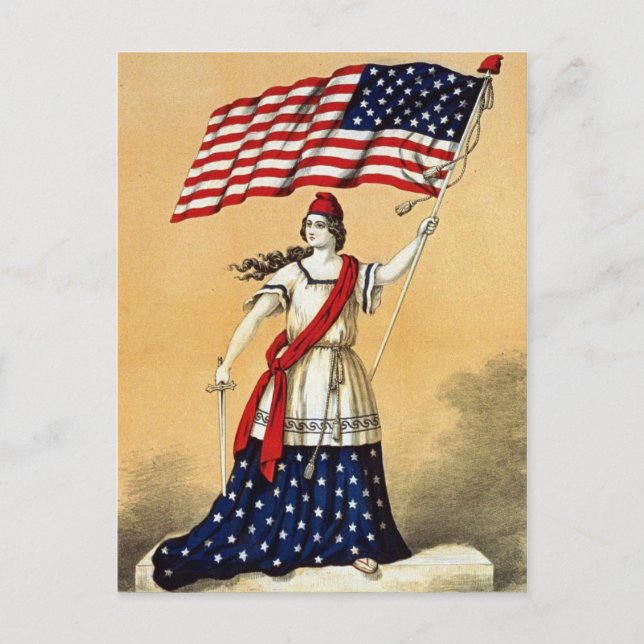 Vintage amerikanische Flagge Lady Liberty Postkarte (Vorderseite)