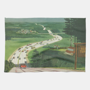 Vintage amerikanische Landschaften, Autos auf Road Geschirrtuch