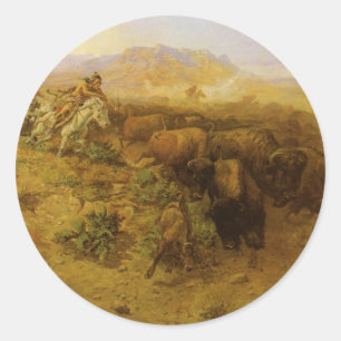 Vintage Amerikanische Ureinwohner, Buffalo Hunt by Runder Aufkleber