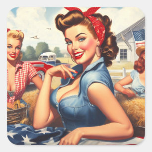 Vintage Amerikanisches Land Mädchen Quadratischer Aufkleber