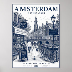 Vintage Amsterdam-Kanal-Fahrräder-Straßenillustrat Poster