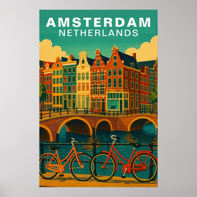 Vintage Amsterdam Netherlands Canals & Bicycle Poster (Vorne)