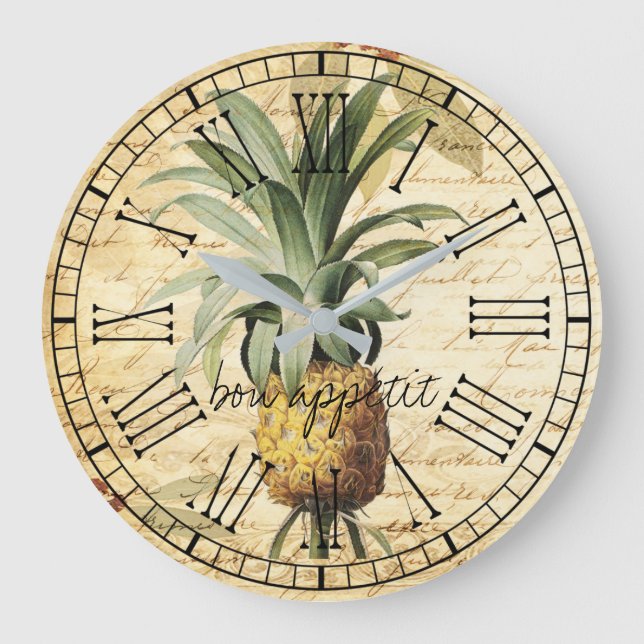 Vintage Ananas-Apfelapatit rustikal Große Wanduhr (Vorderseite)