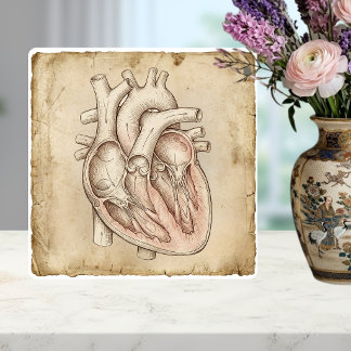 Vintage Anatomische Herz-Tinte-Zeichnung Sepia Fliese