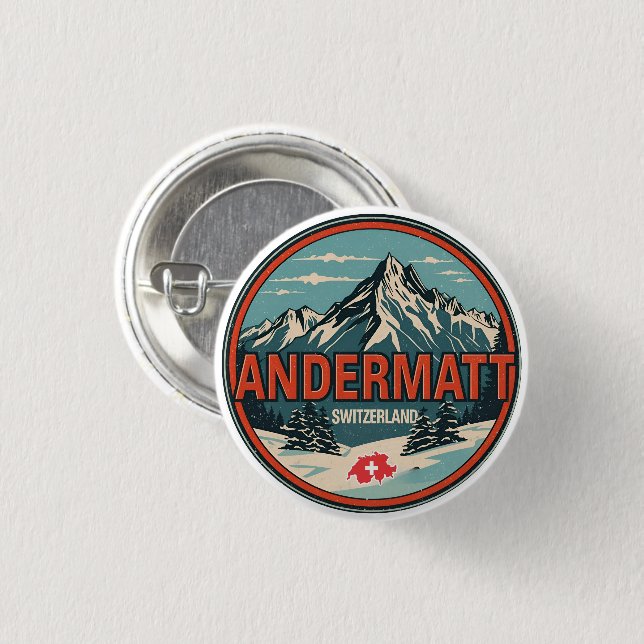 Vintage ANDERMATT Ski Schweiz Schweizer Alpen Gesc Button (Vorne & Hinten)