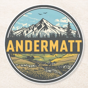 Vintage ANDERMATT Ski Schweiz Schweizer Alpen Gesc Runder Pappuntersetzer