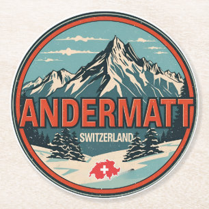 Vintage ANDERMATT Ski Schweiz Schweizer Alpen Gesc Runder Pappuntersetzer