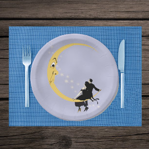 Vintage Angry Crescent Moon Face Stars Couple Pappteller