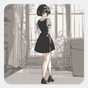 Vintage-Anime-LBD-Aufkleber Anime-Eleganz entfesse Quadratischer Aufkleber