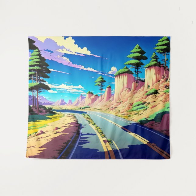 Vintage Anime Road Landschaft Wandteppich (Vorderseite (Horizontal))